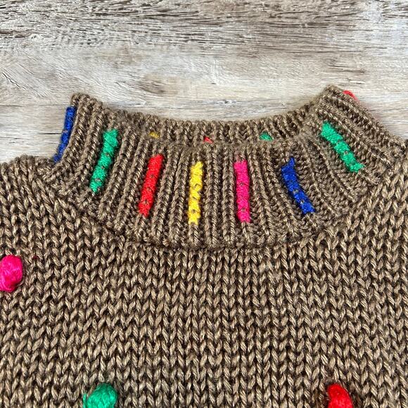 Vintage 90s Knit Sweater Brown Rainbow Nubby Pullover Chunky Acrylic M - Picture 2 of 8